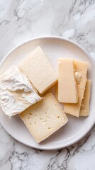 A selection of artisanal cheeses, including soft and hard varieties, arranged neatly on a white plate, showcasing their unique textures and colors