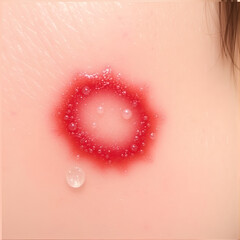 Close-up of a circular, itchy, red, scaly, inflamed skin rash on the cheek, characteristic of ringworm infection, with