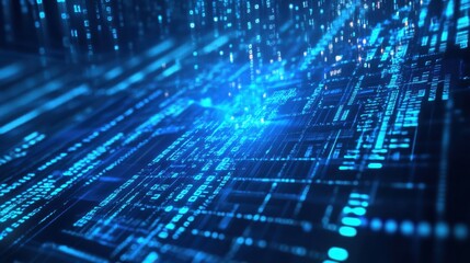 binary code floating in the air, symbolizing data transfer and technology in a high-tech environment