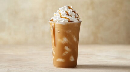 An iced caramel frappe with smooth whipped cream and caramel drizzle, highlighting its creamy texture and sweet, indulgent flavor.