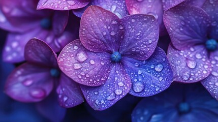 Vibrant close up of purple hydrangea blooms with dewdrops showcasing the beauty of spring flora and nature