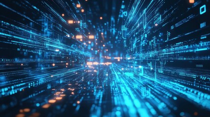 binary code floating in the air, symbolizing data transfer and technology in a high-tech environment