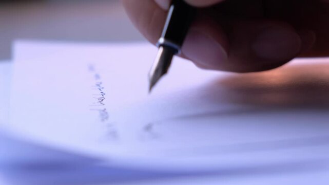 The male is writing on white paper with a pen on the desk.