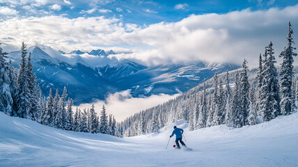 Snowboarder carving down a snowy slope in the Rocky Mountains during a clear winter day