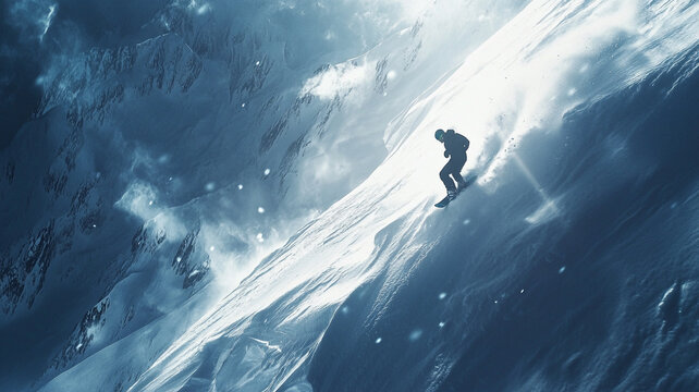 A snowboarder glides down a steep mountain slope under a cloudy sky in winter