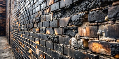 Fire-damaged black brick wall with rough texture and vintage appeal