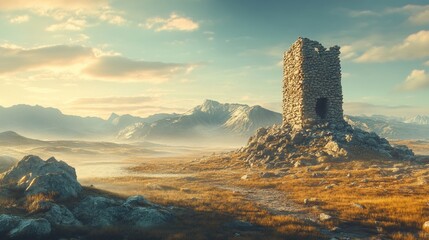 Obraz premium Majestic Stone Tower in Serene Mountain Landscape