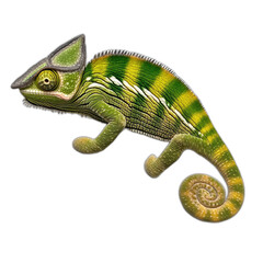 Obraz premium Green chameleon with yellow stripes isolated transparent background