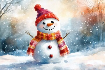 Fototapeta premium A cheerful snowman stands amidst falling snow in a winter landscape with soft pastel colors during a serene snowy day