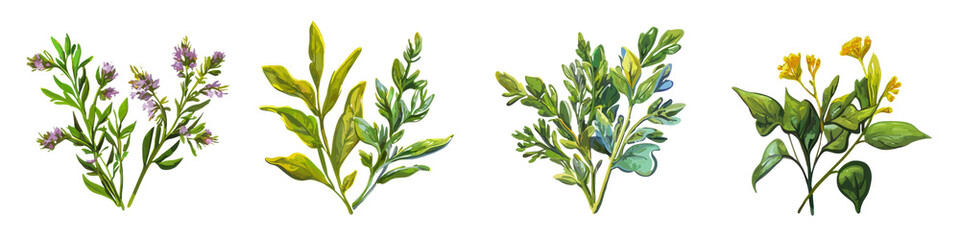 Naklejka premium Four beautiful botanical illustrations of diverse herbs on white isolate background., transparent background