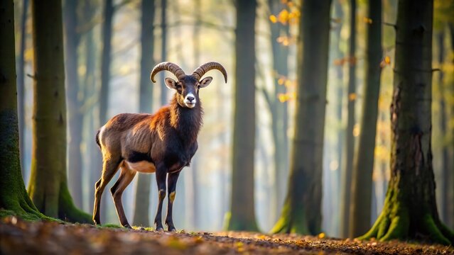Silhouette of a big European moufflon in the forest