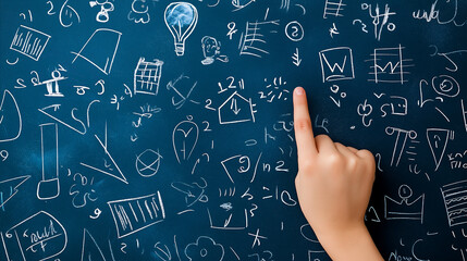 A chalkboard filled with notes, equations, and drawings, with a teacher pointing to a specific section while students eagerly take notes, symbolizing the importance of visual learning in education.