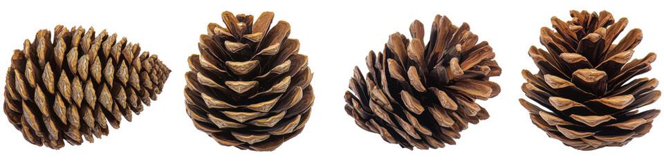 Collection of pine cones arranged in a row on a white isolated background., transparent background