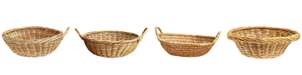 Obraz premium Assorted traditional woven baskets arranged in a row, showcasing craftsmanship and rustic design., transparent background