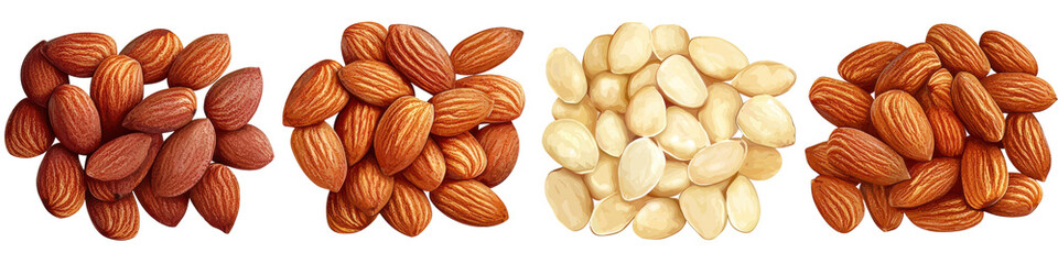 Assorted almonds in various colors and textures on a white isolate background., transparent background