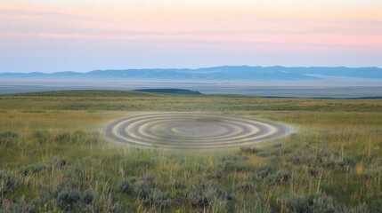 Fototapeta premium Sound waves radiating across a serene landscape, symbolizing the interconnectedness and harmony of natural and auditory elements.