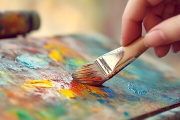 Fototapeta premium Close-up of a hand holding a paintbrush over a colorful palette with oil paints.