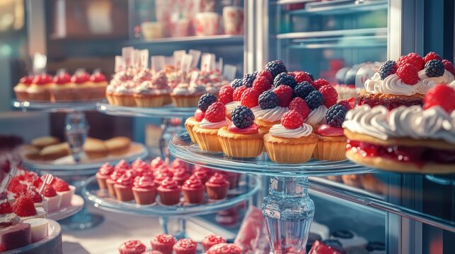 Delicious pastries featuring berries displayed in a candy shop Glass stand filled with cake eclairs and tartlets alongside refrigerator shelves of sweets in a confectionery setting