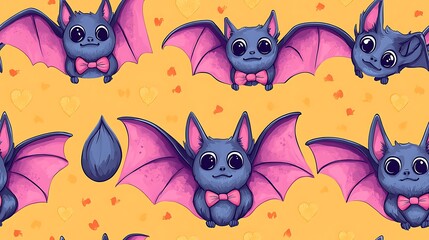 Cute Cartoon Bats in Bow Ties on Yellow Background