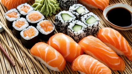 Fresh Sushi Assortment on Bamboo Mat