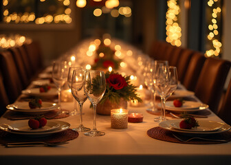 Setting tables for holiday dinners with festive decorations and copy space for generative AI assistance is essential for a memorable celebration.