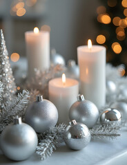 Silver decorations adorn a silver table with festive sparkles in a holiday display.