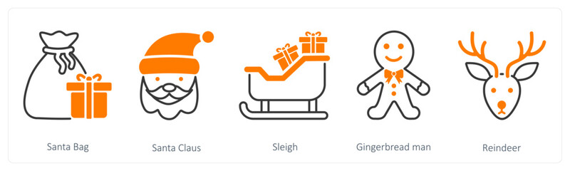 A set of 5 Christmas icons as santa bag, santa claus, sleigh