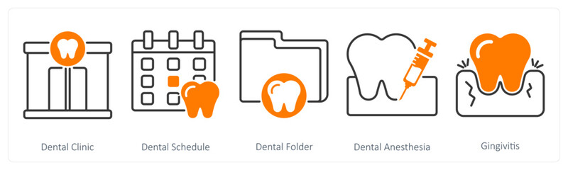 A set of 5 Dental Care icons as dental clinic, dental schedule, dental folder