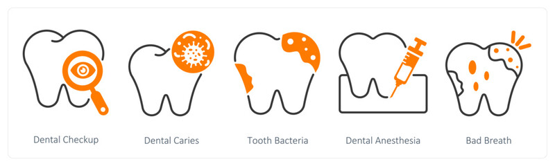 A set of 5 Dental Care icons as dental checkup, dental caries, tooth bacteria
