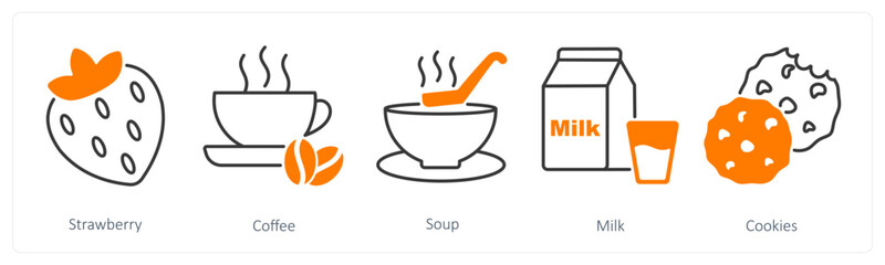 A set of 5 Food and Drink icons as strawberry, coffee, soup