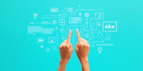 Human and robot, finger touch, AI chat bot and creative services icons hologram, Generative AI
