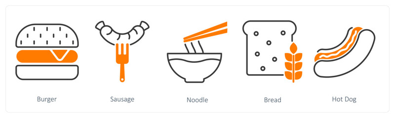 A set of 5 Food and Drink icons as burger, sausage, noodle