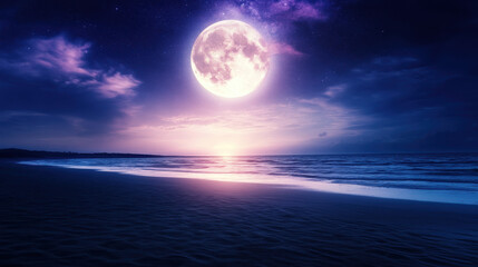 stunning night scene featuring large, luminous moon illuminating tranquil ocean waves. beach is serene, with soft sand and colorful sky, creating peaceful atmosphere