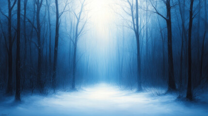 serene winter forest scene with tall, bare trees surrounded by soft, blue light. snow covered ground adds to tranquil atmosphere, evoking sense of calm and solitude