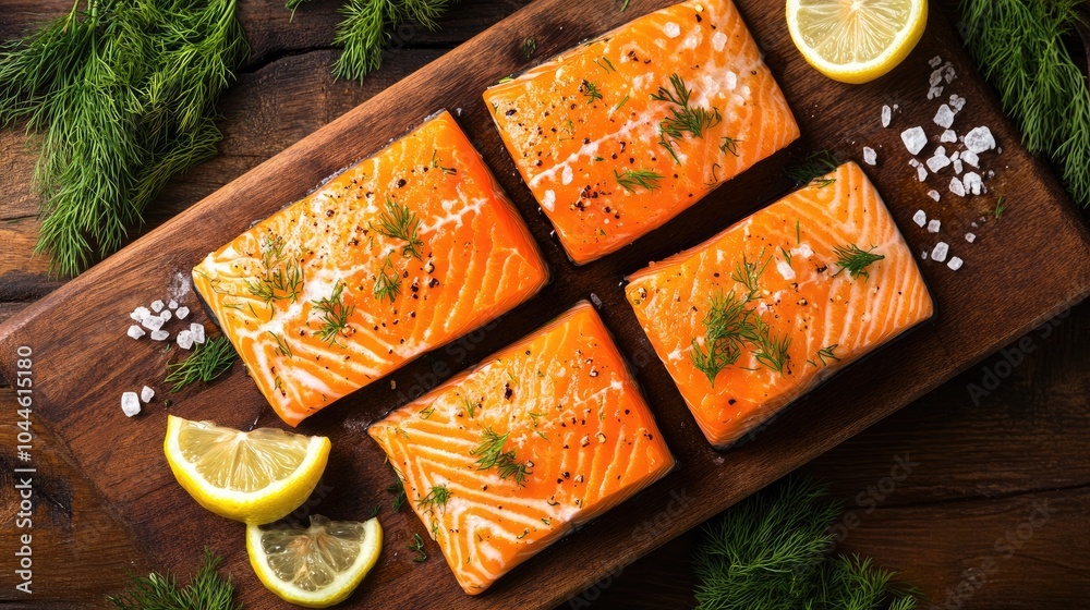 Poster Fresh Salmon Fillets with Lemon and Dill Garnish