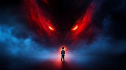 Fototapeta premium A child confronting a dark, ominous figure in a surreal, dreamlike landscape.