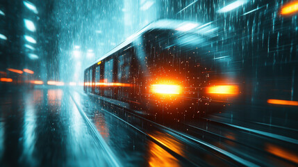 vibrant and dynamic scene of train moving through rain soaked station, illuminated by bright lights. atmosphere is filled with energy and motion, capturing essence of urban life