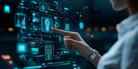 Fototapeta premium Human and robot, finger touch, AI chat bot and creative services icons hologram, Generative AI 