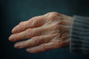 Fototapeta premium Close-up of an elderly hand with wrinkles, illustrating aging, wisdom, and life's journey through detailed skin texture.