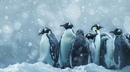 Fototapeta premium Group of Penguins Huddling in Snowy Environment