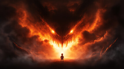 Child standing afraid in front of a menacing fire-breathing creature.