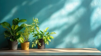 Indoor plants on a wooden table with a turquoise wall illuminated by sunlight showcasing sleek minimalist decor in a contemporary home interior