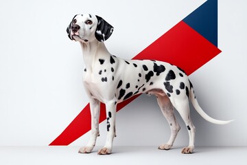 Dalmatian dog standing against a colorful geometric background, isolated and striking.
