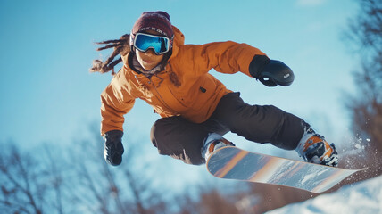 A snowboarder effortlessly carving through fresh powder on a sunny mountain slope
