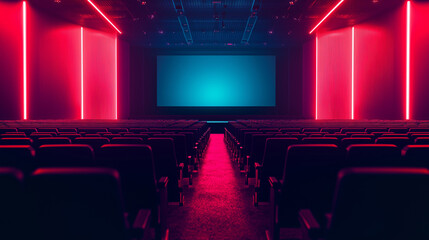 Fototapeta premium Empty Neon-Lit Cinema with Red and Blue Lighting for Screensaver and Presentation Background