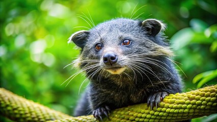 Silhouette of a curious binturong perched in lush greenery