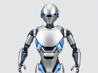 Fototapeta premium A robot with blue eyes and a sleek silver body stands prominently against a neutral background