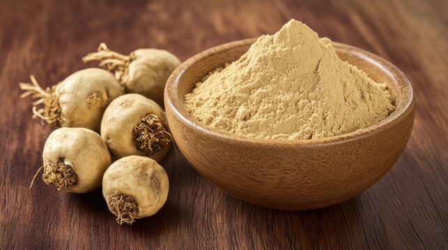 Maca root powder in a wooden bowl alongside fresh maca roots on a wood surface