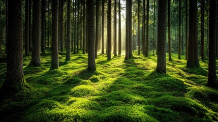 Fototapeta premium Serene Forest Glade with Sunlight Through Trees