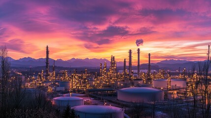 Fototapeta premium Panoramic view of an industrial complex at sunset highlighting towers storage tanks and a colorful sky